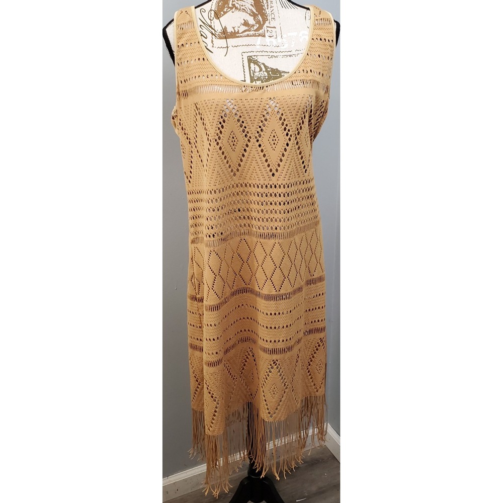 Bleu Rod Beattie Swim Cover Up Dress Women L Brown Crochet Scoop Neck Fringe Hem